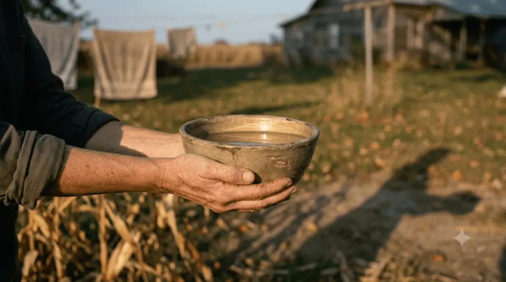 A woman's hands carefully holding a rustic ceramic bowl filled with clear water, symbolizing the selfless gift of living kidney donation in rural Missouri.