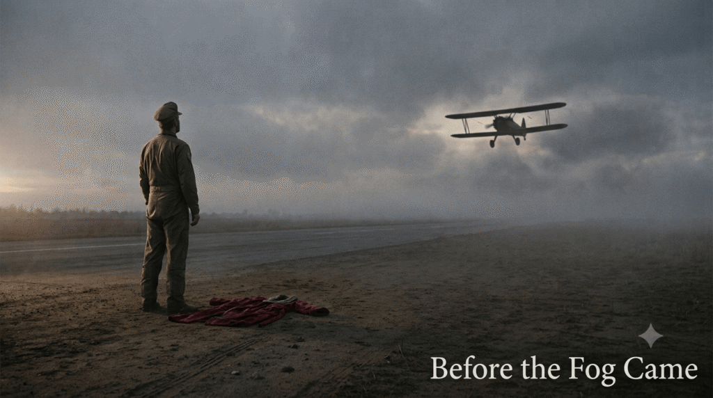 Historical photo-style image of a WWI pilot in cap and jumpsuit standing on a foggy airfield runway, looking at a distant biplane silhouette in the misty sky. The title 'Before the Fog Came' is at the bottom.