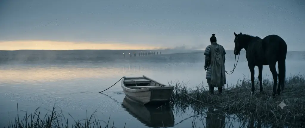 A cinematic wide-angle shot of historical Chinese warrior Xiang Yu standing alone on the bank of the misty Wu River at dawn, looking away from a small empty wooden ferry boat and towards distant pursuers, with his dark horse beside him.