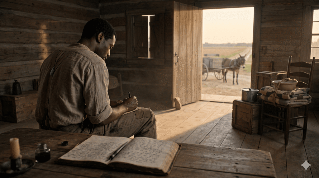 An enslaved Black man in 1852 writing in a diary at a table inside a cabin, with packed belongings and a horse-drawn wagon outside the open door.