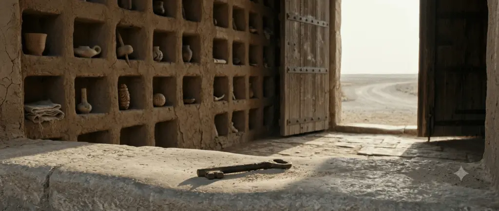 A weathered iron key lying on a worn limestone threshold inside an ancient desert city gate at dawn, with small wall niches holding humble household objects.