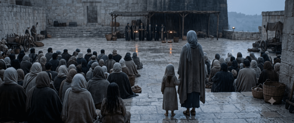Cinematic still of a young woman and small child seen from behind, looking toward a 5th-century BCE ancient Judean temple courtyard where hundreds of people in soaked cloaks are seated in heavy rain during dusk.