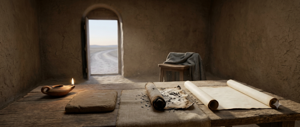 This image depicts a quiet, solemn scene in an ancient Mesopotamian mud-brick room. A rough wooden table in the foreground holds a clay oil lamp, an unmarked clay tablet, and two scrolls—one scorched and blackened, the other new and blank. In the background, a small wooden stool sits near an arched doorway that opens to a dusty road leading towards a distant horizon. Dust motes drift in the soft cool daylight filtering through the doorway.