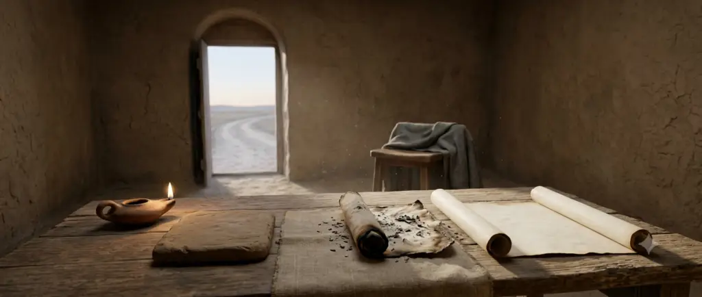 This image depicts a quiet, solemn scene in an ancient Mesopotamian mud-brick room. A rough wooden table in the foreground holds a clay oil lamp, an unmarked clay tablet, and two scrolls—one scorched and blackened, the other new and blank. In the background, a small wooden stool sits near an arched doorway that opens to a dusty road leading towards a distant horizon. Dust motes drift in the soft cool daylight filtering through the doorway.