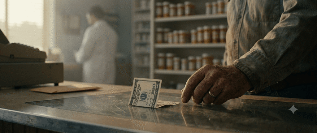 An elderly man's hand leaving a folded $100 bill on a worn counter in a small-town Alabama pharmacy, with a blurred pharmacist in the background.