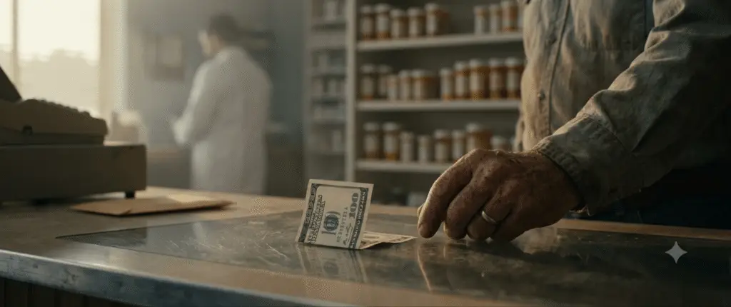 An elderly man's hand leaving a folded $100 bill on a worn counter in a small-town Alabama pharmacy, with a blurred pharmacist in the background.