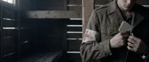 A WWII American POW medic holding a secret notebook inside his coat, wearing a signed Red Cross armband in a wooden barracks.