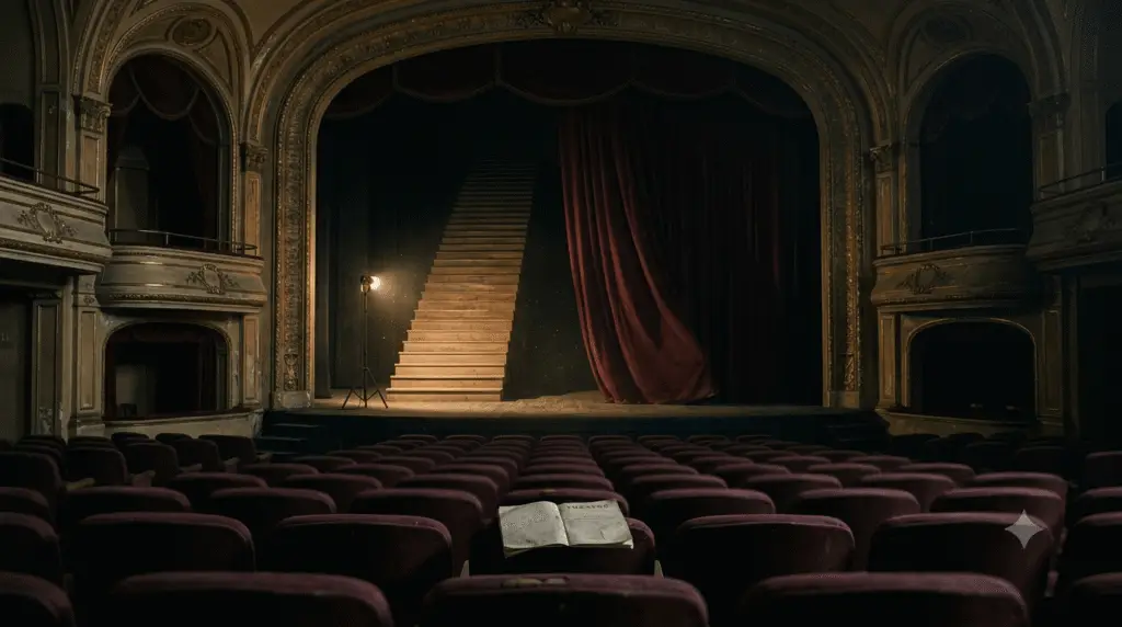 Empty, ornate theater with deep burgundy velvet seats and an open book. On the dimly lit stage, a large wooden staircase ascends toward darkness. A single work light illuminates the steps and visible dust.