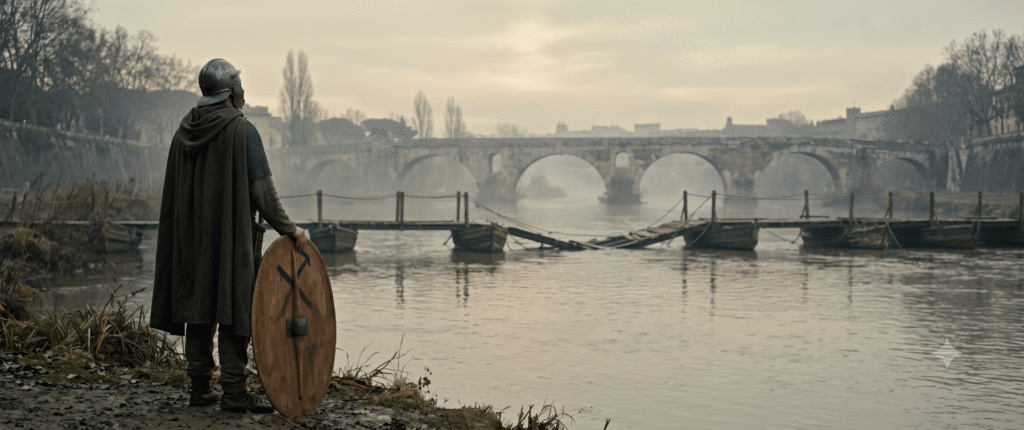 A late Roman soldier with a hand-painted shield standing on the muddy banks of the Tiber River at dawn, looking toward a broken pontoon bridge and the historic Milvian Bridge in AD 312.