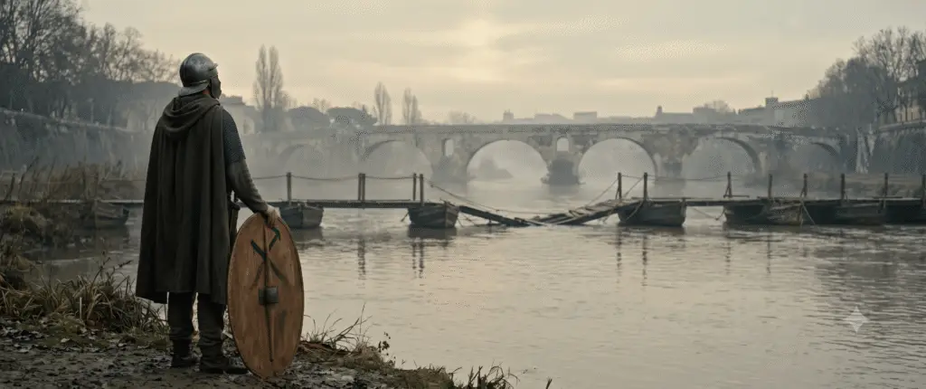 A late Roman soldier with a hand-painted shield standing on the muddy banks of the Tiber River at dawn, looking toward a broken pontoon bridge and the historic Milvian Bridge in AD 312.
