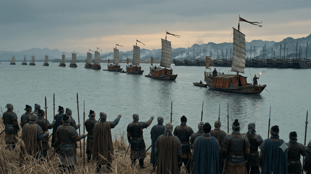 Chinese soldiers of Cao Cao's army in armor watching approaching enemy warships with a torch under the guise of surrender at the Battle of Red Cliffs, 208 AD, on the Yangtze River.