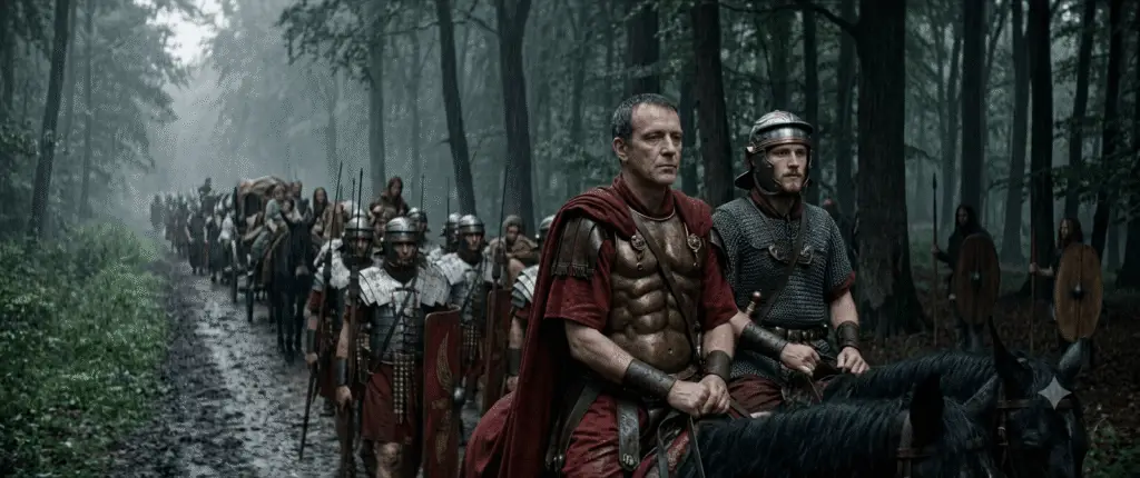 Publius Quinctilius Varus and Arminius riding through Teutoburg Forest with Roman legions in AD 9 rain.