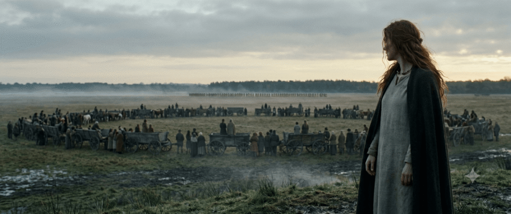 Boudica looking out over the East Anglian plain and wagon ring before the final battle against Roman legions.