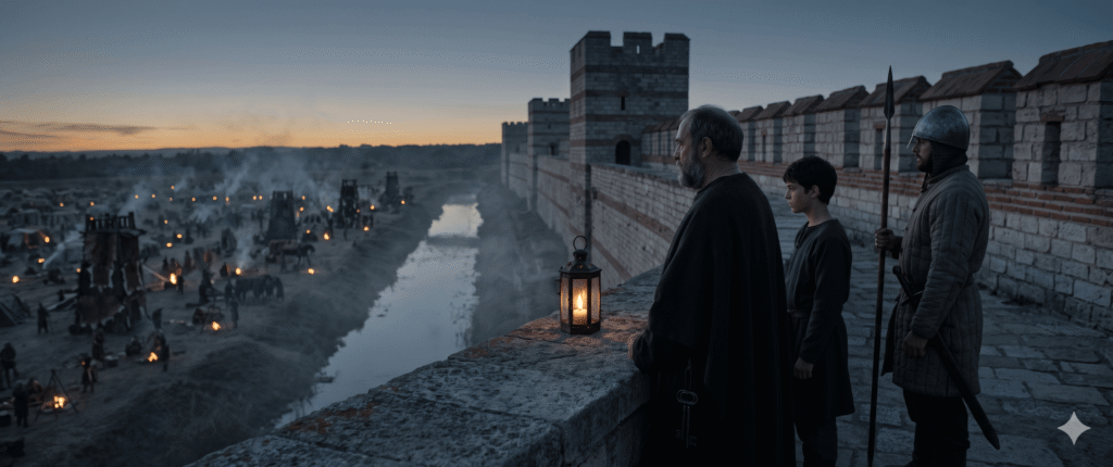 A 7th-century Byzantine Patriarch, prince, and guard overlooking the Avar enemy camp from Constantinople's Theodosian Walls during the Siege of 626 AD.