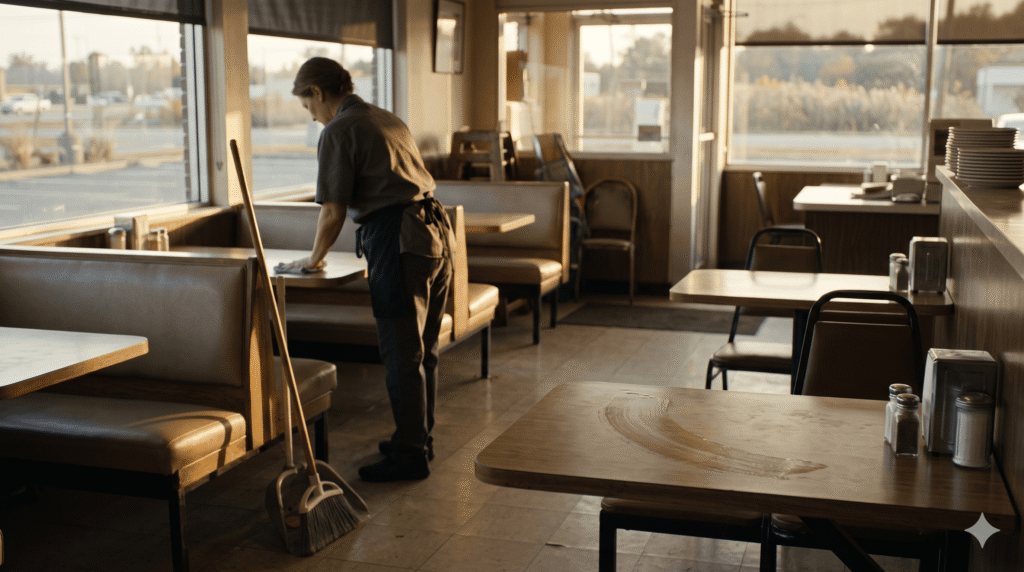 Quiet American family restaurant dining room in late afternoon sun with a wiped wooden table in the foreground and a busser cleaning in the background.