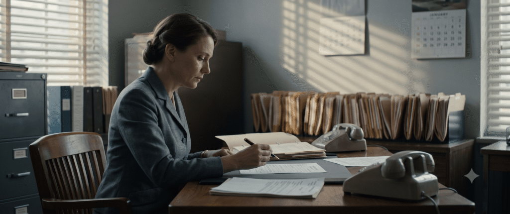 Dr. Frances Oldham Kelsey in her 1960 FDA office, pensively holding a pen over the thalidomide drug application.