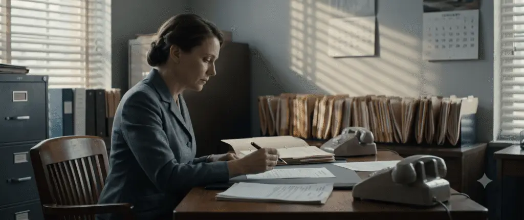 Dr. Frances Oldham Kelsey in her 1960 FDA office, pensively holding a pen over the thalidomide drug application.