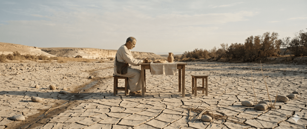 An older man sits alone at a wooden table set on a dried cracked riverbed in a quiet desert landscape with an empty stool across from him.