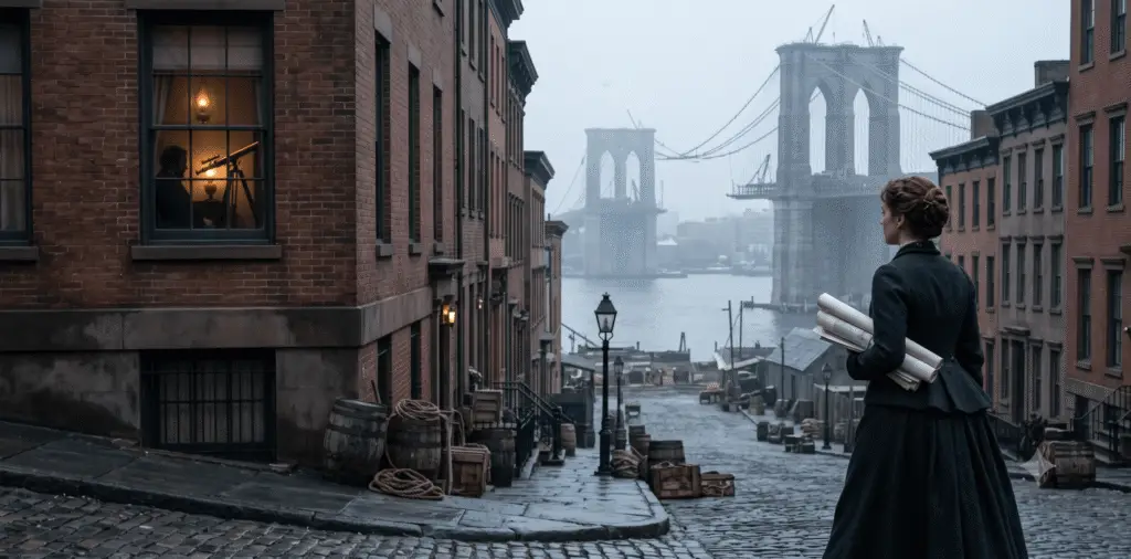 Behind-the-shoulder view of Emily Roebling carrying plans down a 1870s Brooklyn Heights cobblestone street toward the unfinished Brooklyn Bridge, as Washington Roebling watches through a telescope from a lit window.