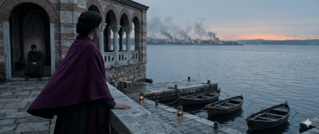 Empress Theodora in a purple mantle looking at docked escape boats in Constantinople harbor during the 532 AD Nika Riot.