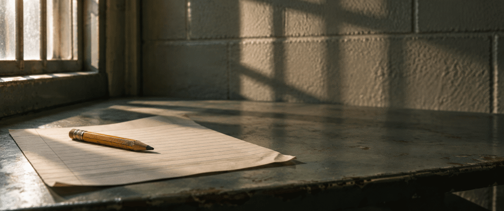 A worn pencil rests on blank lined paper inside a 1960s American prison cell, symbolizing Clarence Earl Gideon's fight for the right to counsel.
