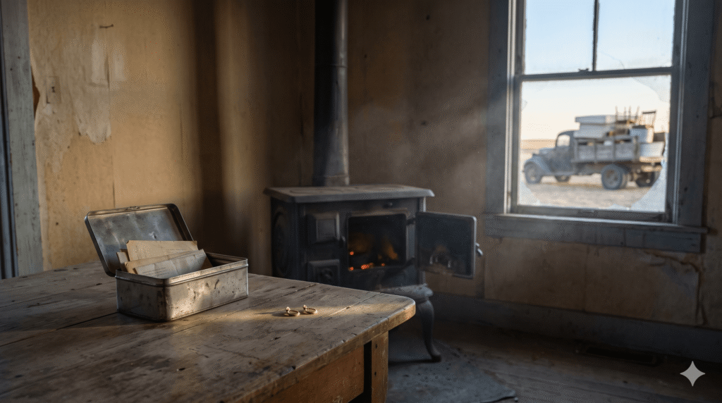 A 1930s Dust Bowl farmhouse interior with a metallic keepsake box, gold earrings, and a stove before morning migration.