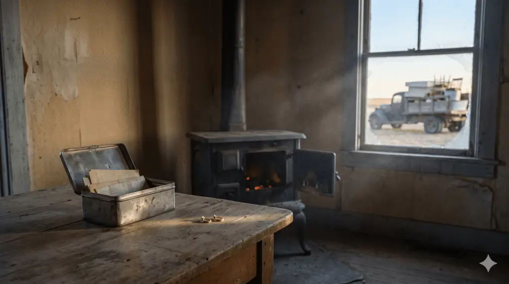 A 1930s Dust Bowl farmhouse interior with a metallic keepsake box, gold earrings, and a stove before morning migration.