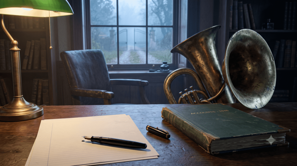 A photorealistic candid view of an empty, old-fashioned 1930s law office at dawn, featuring a dark walnut desk in the foreground with a blank sheet of lined legal paper, an uncapped vintage fountain pen, and a closed worn green accounting ledger. In the mid-ground, a dented brass tuba leans against the desk, catches soft morning light, and sits near an empty leather chair. A tall paned window in the background overlooks a misty outdoor view with a wrought-iron gate. Shot with natural film grain and warm indoor lamp lighting.