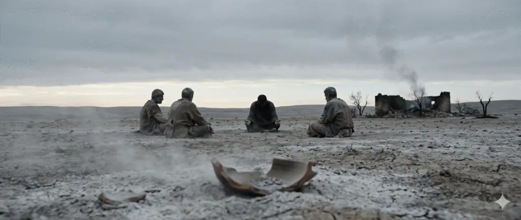 Four men sitting on barren ash-covered ground in silence with a broken potsherd in the foreground.
