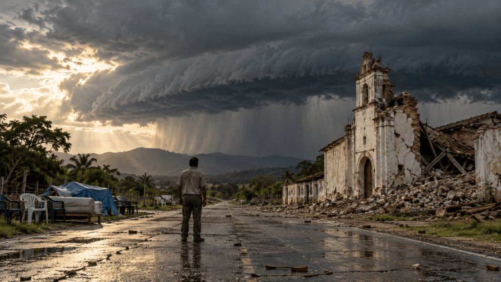 A lone man stands before an earthquake-damaged church in Panama as dark storm clouds gather, evoking God's response to Job from the whirlwind.