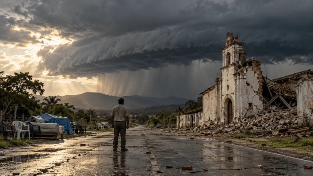 A lone man stands before an earthquake-damaged church in Panama as dark storm clouds gather, evoking God's response to Job from the whirlwind.