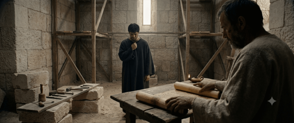 King Josiah standing in grief behind a scribe unrolling the ancient law scroll in the Jerusalem temple.