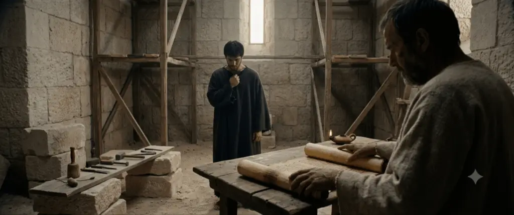 King Josiah standing in grief behind a scribe unrolling the ancient law scroll in the Jerusalem temple.