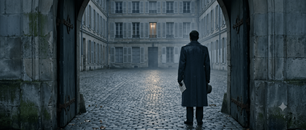 A lone man in a dark wool overcoat seen from behind holding a paper letter and hat, standing at the massive weathered stone gateway of a 19th-century European city courtyard on a wet dawn.