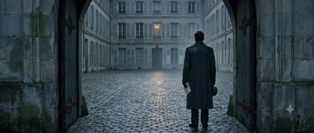 A lone man in a dark wool overcoat seen from behind holding a paper letter and hat, standing at the massive weathered stone gateway of a 19th-century European city courtyard on a wet dawn.