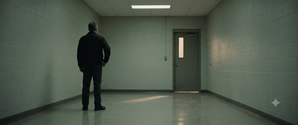 A man seen from behind in a bare prison corridor standing before a heavy closed door of a visiting room