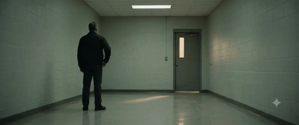 A man seen from behind in a bare prison corridor standing before a heavy closed door of a visiting room