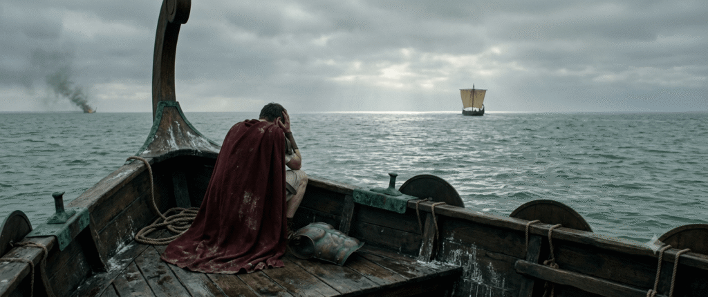 A seated Roman commander in a red cloak grieving at the prow of an ancient warship while a single ship sails away at the Battle of Actium.