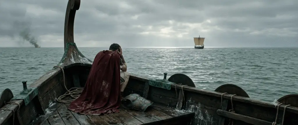 A seated Roman commander in a red cloak grieving at the prow of an ancient warship while a single ship sails away at the Battle of Actium.