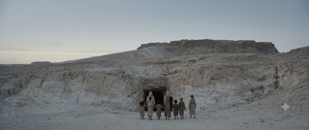 Cinematic distant shot of seven unnamed Masada survivors—two women and five children in ancient garments—walking out of a dark cave at the foot of the Masada plateau in the Judean Desert at pre-dawn.