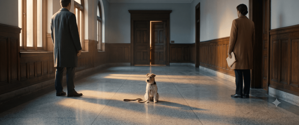 A wire-haired terrier sits alone on a courthouse corridor floor with a loose leash, between a man and a woman standing far apart in natural late afternoon sunlight, capturing the poignant silence of divorce and the burden of proof.