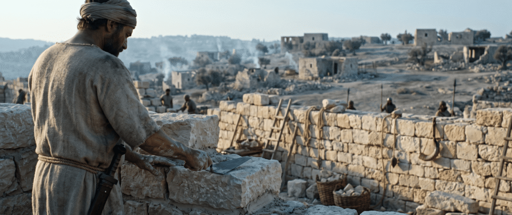 A Judean builder using a trowel on the limestone wall of ancient Jerusalem with a sword at his hip, as others work and guard the desolate hillside city in 445 BCE.