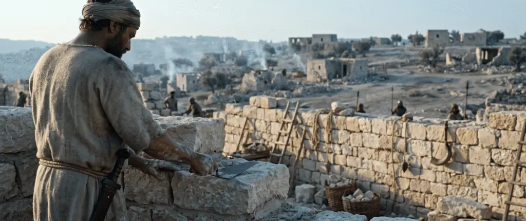 A Judean builder using a trowel on the limestone wall of ancient Jerusalem with a sword at his hip, as others work and guard the desolate hillside city in 445 BCE.