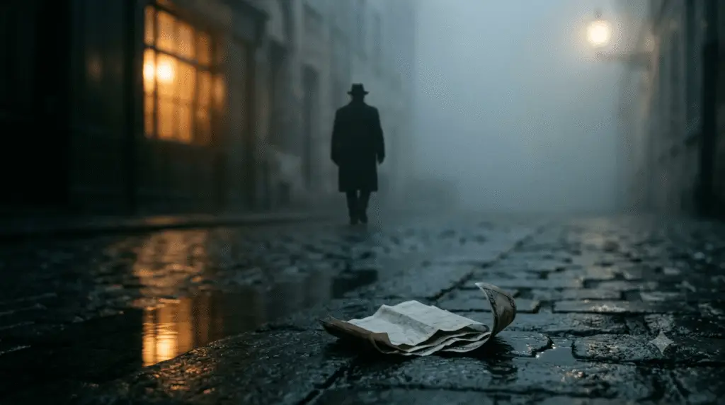 Cinematic wide shot of a man in a coat and hat walking into fog on a wet cobblestone street at night, with discarded banknotes lying on the wet ground in the foreground.