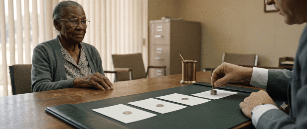 An elderly African American woman sitting at a desk while a bank officer arranges silver dimes on white index cards.