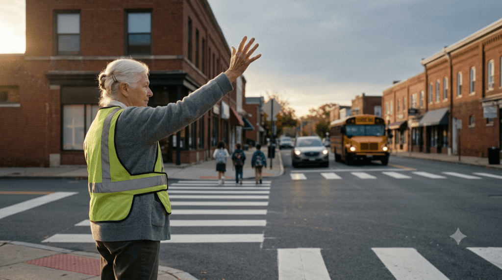 A photorealistic cinematic photograph of an older female school crossing guard with white hair and a neon safety vest, holding up a palm to stop traffic at an empty brick-street intersection during early autumn morning in Pennsylvania. Children are in the distance, and a school bus and car are waiting.