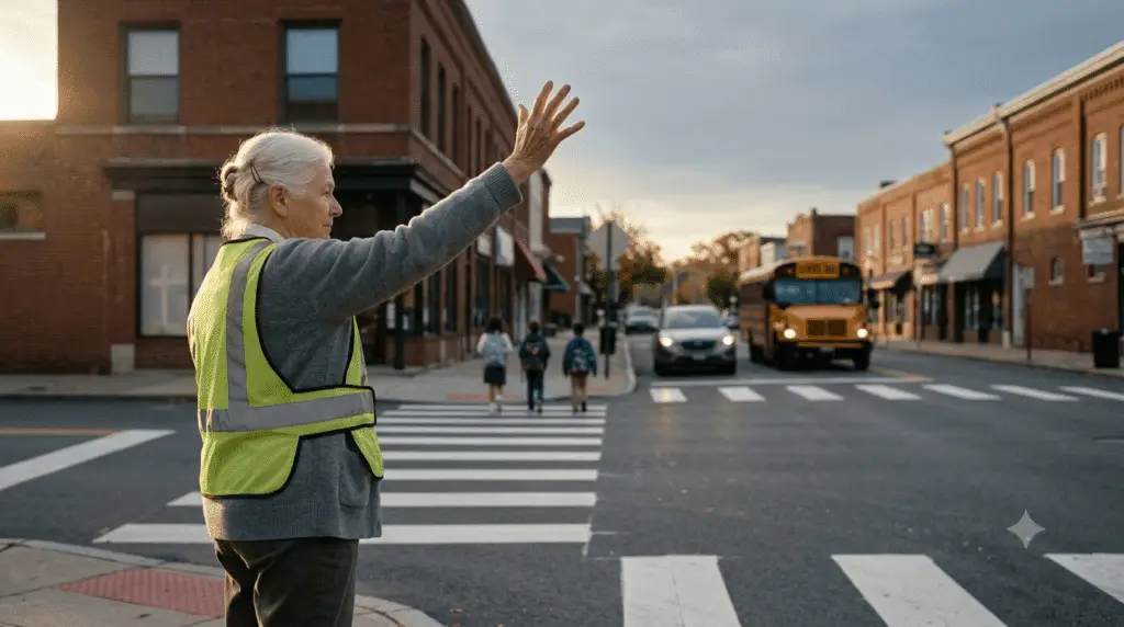A photorealistic cinematic photograph of an older female school crossing guard with white hair and a neon safety vest, holding up a palm to stop traffic at an empty brick-street intersection during early autumn morning in Pennsylvania. Children are in the distance, and a school bus and car are waiting.