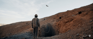 A high-altitude Andean mountain mine shaft viewed from behind a miner, with a bird of prey soaring in the sky above.