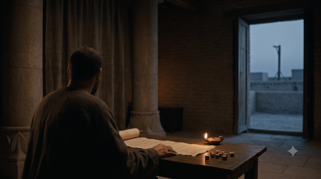 Man in undyed wool robe seated at a wooden table inside an ancient 5th-century BCE Persian palace chamber, reading an unrolled parchment scroll illuminated by a clay oil lamp before dawn.