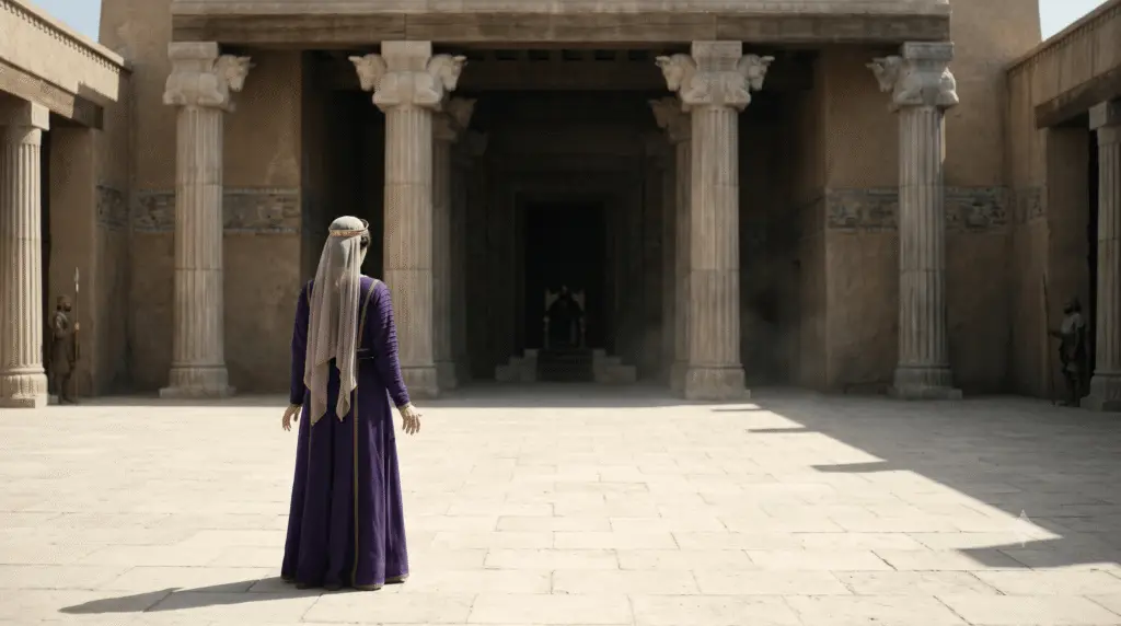 Queen Esther in royal purple robes standing alone in the vast inner courtyard of the ancient Persian palace in Susa, facing the shadowed throne room to plead for her people.